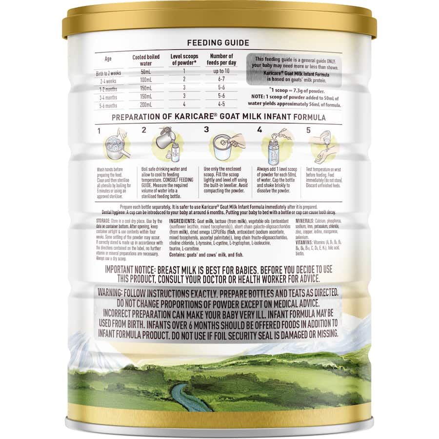 Karicare Goat Milk 1 Infant Formula in recyclable tin, providing gentle, complete nutrition for babies from birth to 6 months.