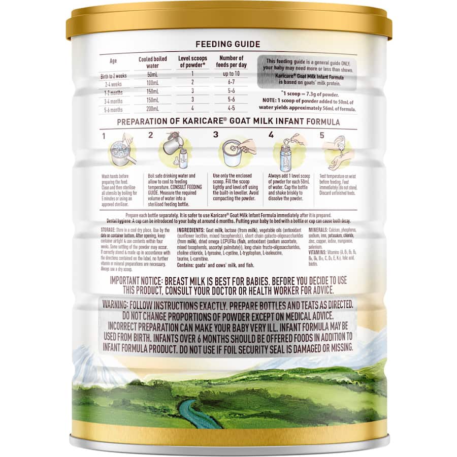 Karicare Goat Milk 1 Infant Formula offers gentle nutrition from pure New Zealand goat milk, ideal for babies from birth to 6 months.