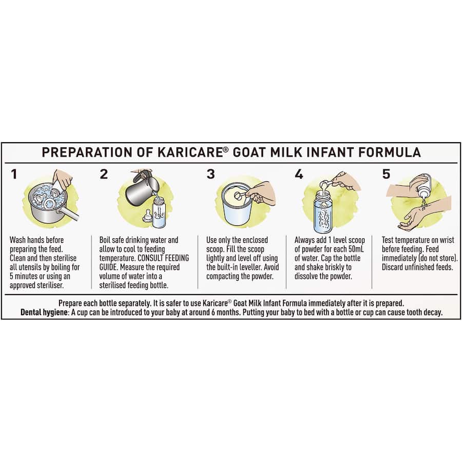 Karicare Goat Milk 1 Infant Formula for babies, featuring gentle nutrition from New Zealand goat milk, in a recyclable tin.