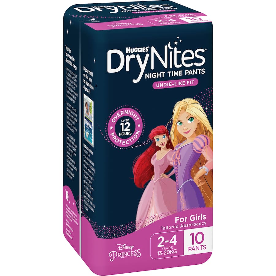 Huggies Drynites for girls 2-4 years offering thin, discreet bedwetting pants with 12-hour leak protection and comfort.