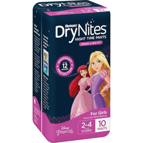 Huggies Drynites for girls 2-4 years offering thin, discreet bedwetting pants with 12-hour leak protection and comfort.
