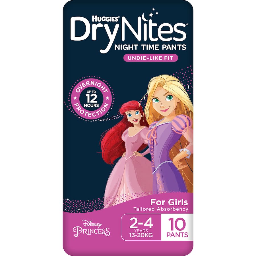 Huggies Drynites for girls aged 2-4, featuring ThinTech for discreet fit and up to 12 hours of leak protection.