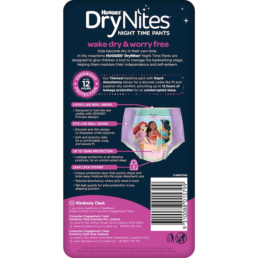 Huggies Drynites for girls 2-4 years: ultra-thin, absorbent nighttime pants for reliable dryness and comfort during sleep.