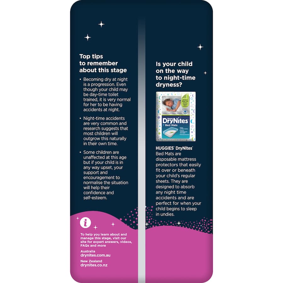 Huggies Drynites for girls, age 2-4, feature ThinTech technology for discreet, comfortable bedwetting protection all night.