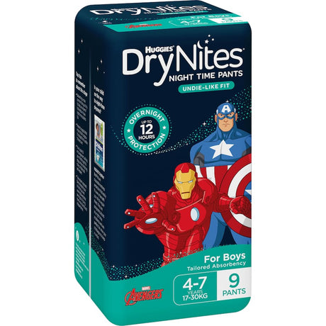 Huggies Drynites for boys aged 4-7, offering discreet fit and 12 hours of leak protection for worry-free nighttime comfort.