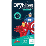 Huggies Drynites for boys 4-7 years, offering discreet undie-like fit and 12 hours of leakage protection for worry-free sleep.