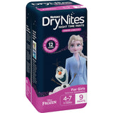 Huggies Drynites for girls 4-7, featuring ThinTech for discreet, comfortable nighttime protection and 12 hours of absorbency.