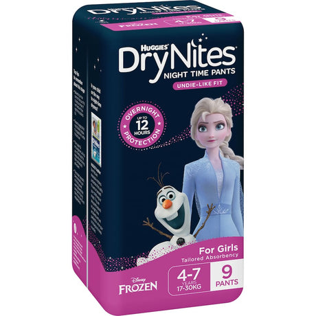 Huggies Drynites for girls 4-7, featuring ThinTech for discreet, comfortable nighttime protection and 12 hours of absorbency.