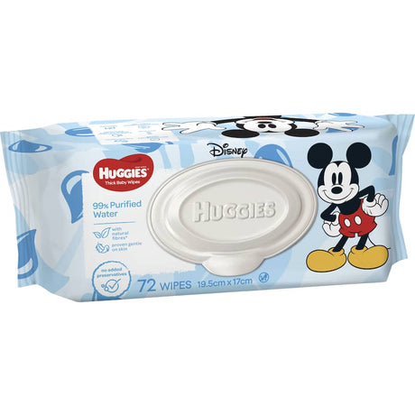Huggies Baby Wipes with 99% purified water, gentle for delicate skin, made with natural fibers, perfect for clean-ups.