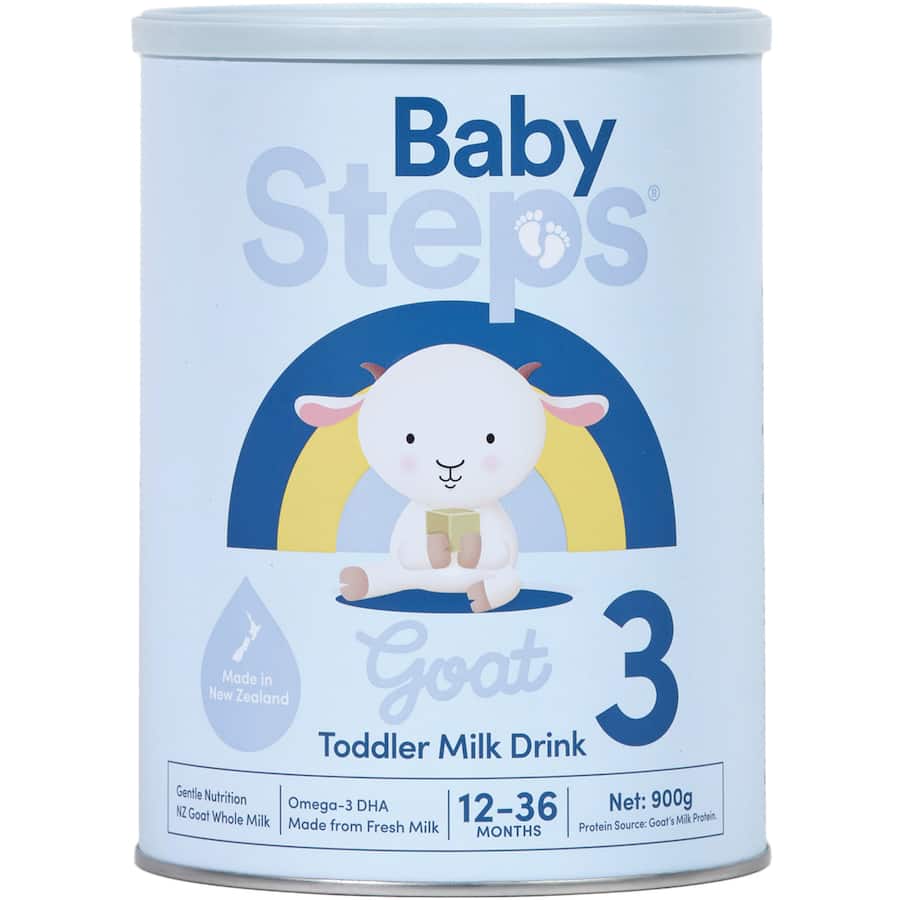 Baby Steps Goat Milk Stage 3 for toddlers, enriched with 16 vitamins and Omega-3 DHA for healthy growth and development.