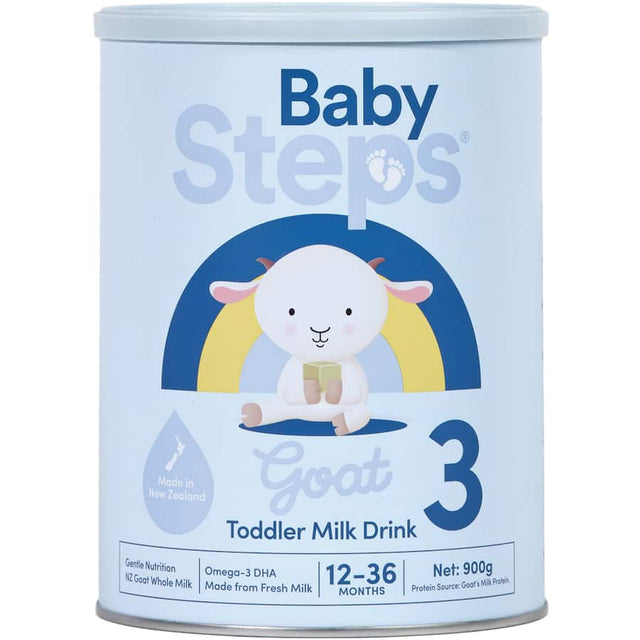Baby Steps Goat Milk Stage 3 for toddlers, enriched with 16 vitamins and Omega-3 DHA for healthy growth and development.