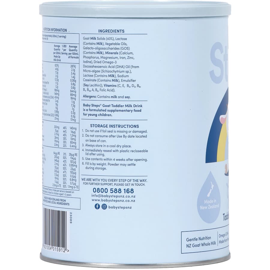 Nutritious Baby Steps Goat Milk Stage 3 drink for toddlers, packed with vitamins, Omega-3 DHA, and essential nutrients for growth.