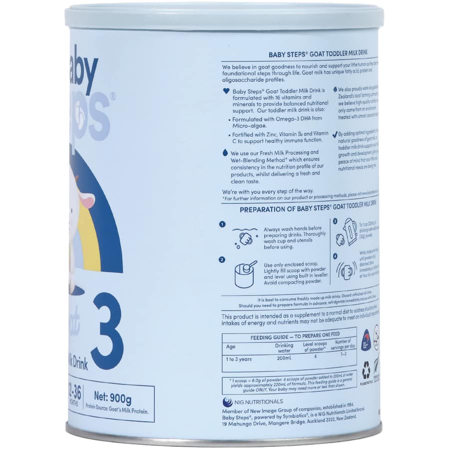 Baby Steps Goat Milk Stage 3 Toddler Milk Drink for 12-36 months, enriched with vitamins, DHA, and nutrients for healthy growth.