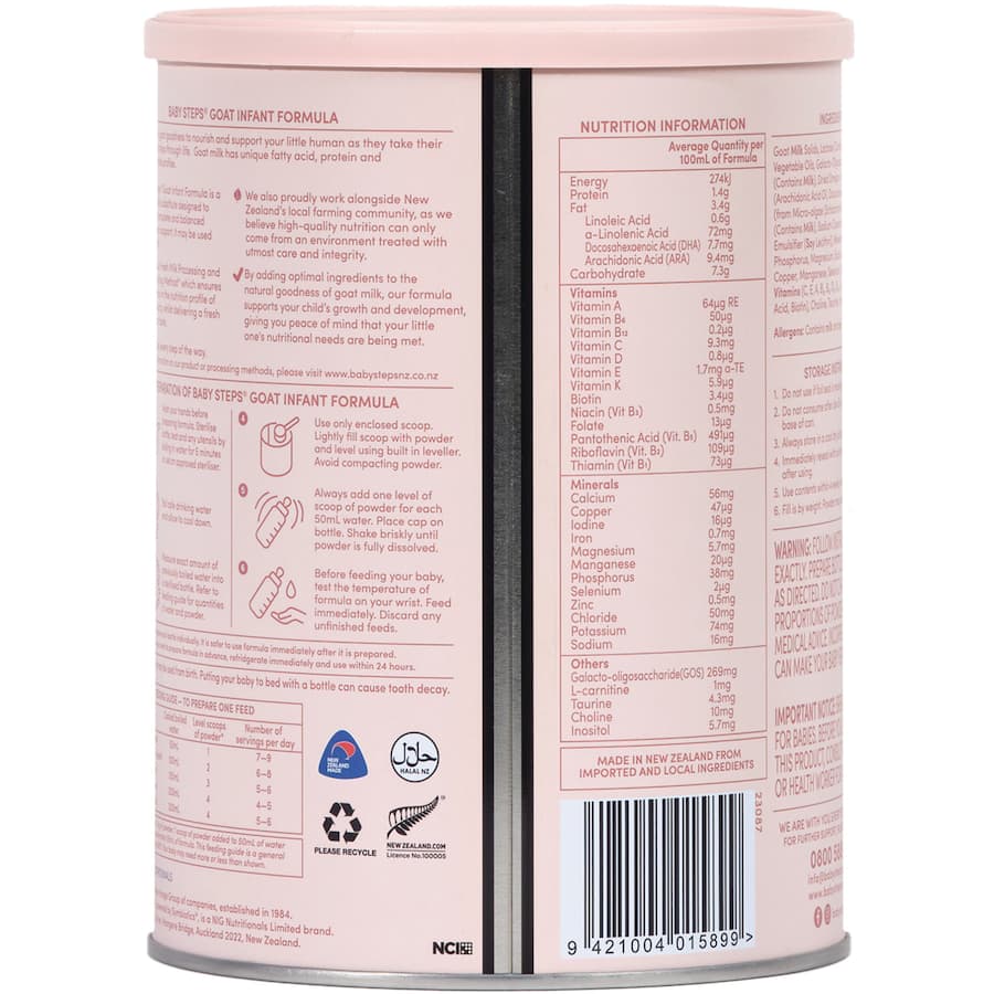 Baby Steps Goat Milk Stage 1 Formula for infants from birth to 6 months, providing balanced nutrition from local farms.
