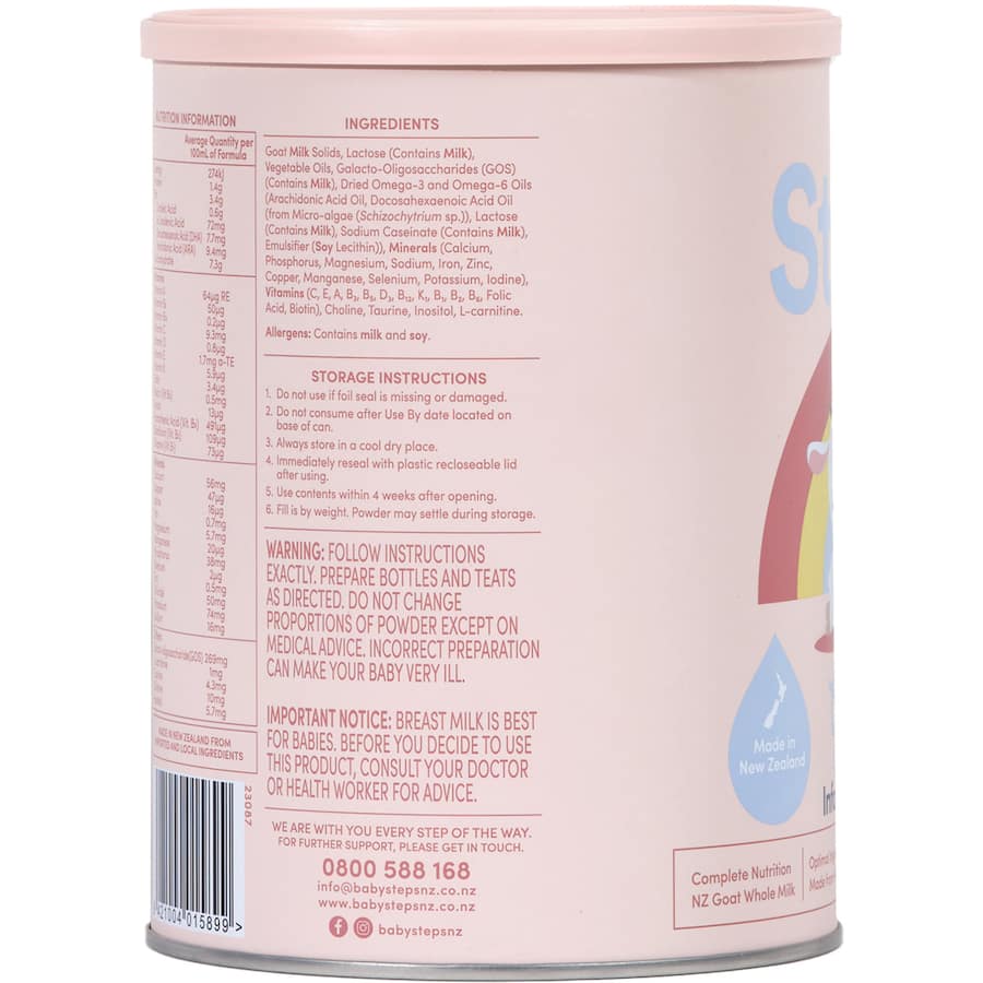 Baby Steps Goat Milk Stage 1 Formula for infants, providing balanced nutrition from birth to 6 months with a fresh taste.
