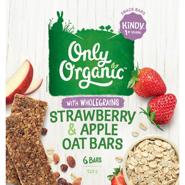 Organic Kindy oat bars with strawberry and apple, made with wholegrain oats and sweetened with raisins and fruit juice.