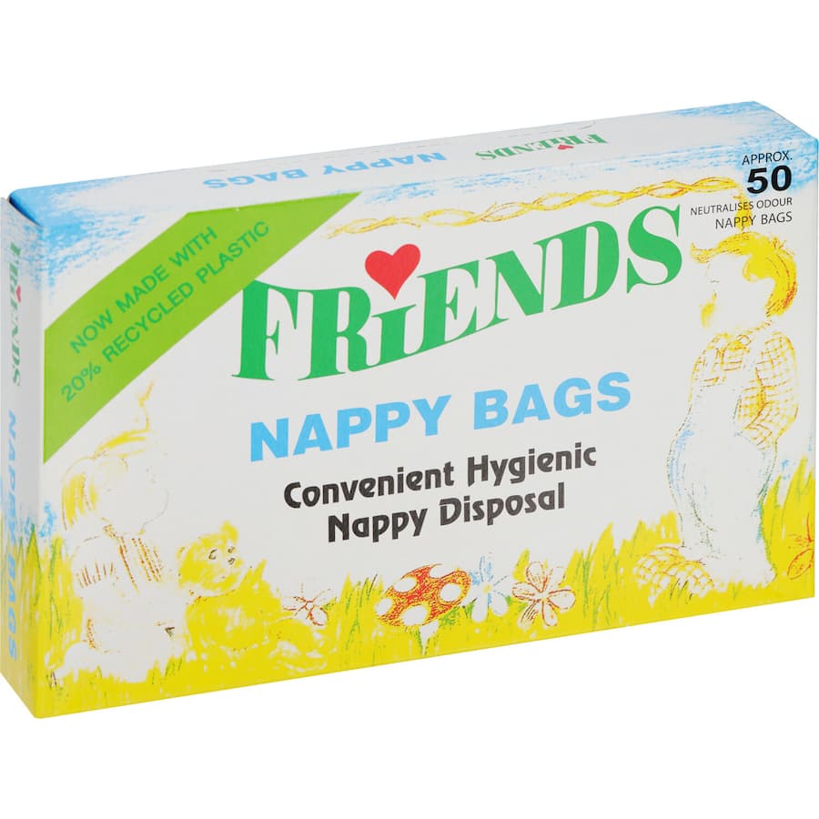 Friends Nappy Bags Odourised: eco-friendly disposable bags designed to neutralize odors and contain used diapers effectively.