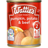 Watties Stage 2 Baby Food with pumpkin, potato, and beef, perfect for babies 6-7 months, gluten and preservative-free.