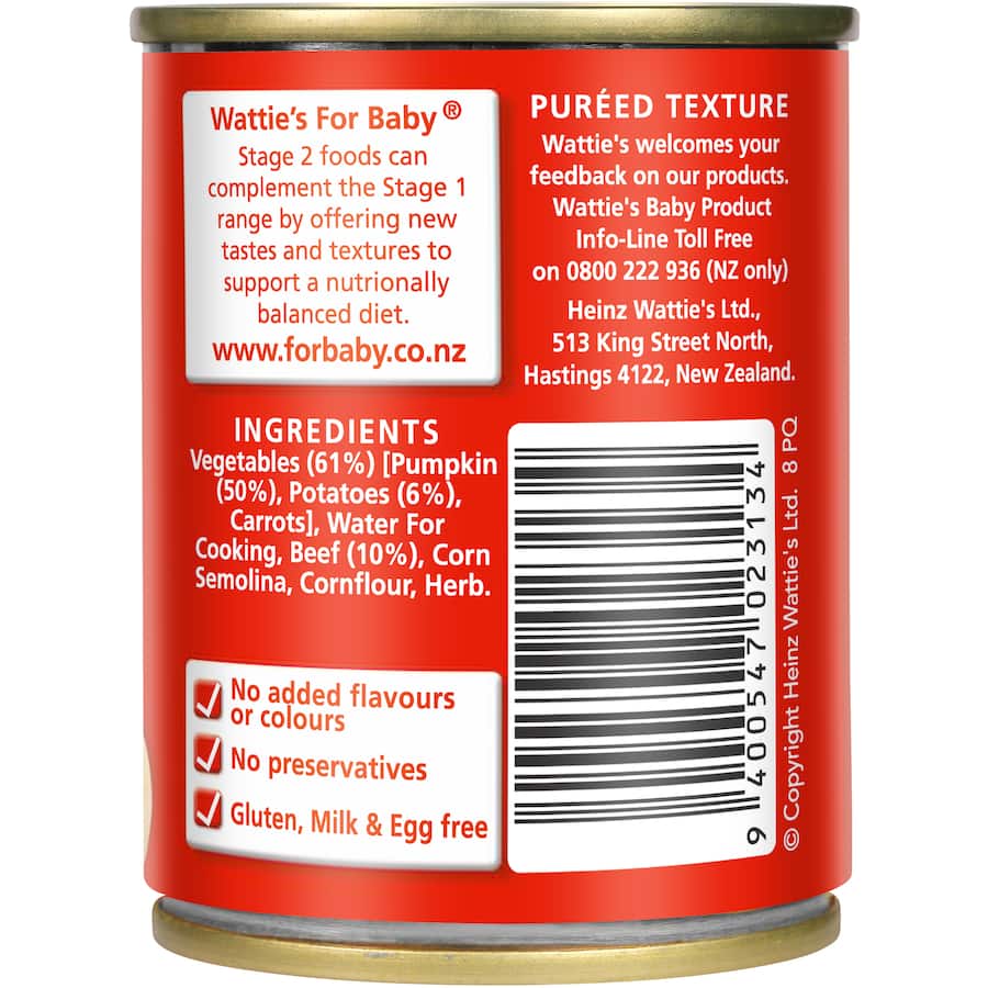 Watties Stage 2 Baby Food Pumpkin, Potato & Beef - nutritious puree for babies 6-7 months, gluten-free and preservative-free.
