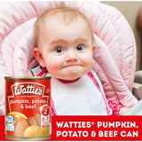 Watties Stage 2 Baby Food featuring pumpkin, potato, and beef puree, nutritious and safe for babies 6-7 months and up.