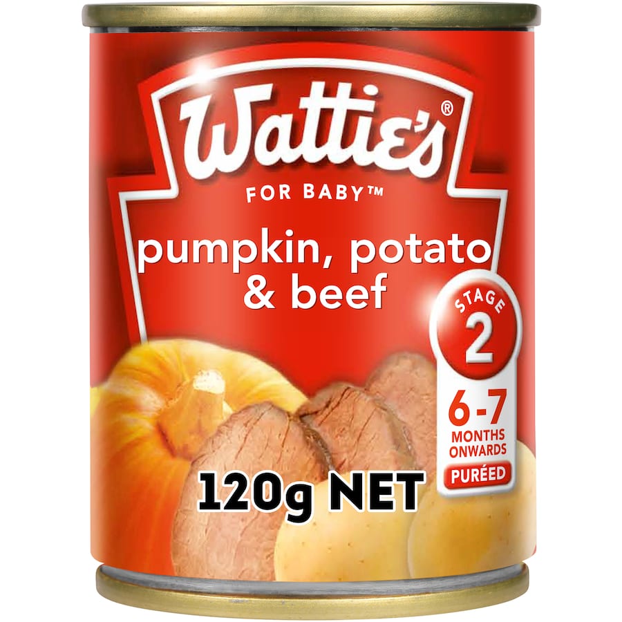 Watties Stage 2 Baby Food Pumpkin, Potato & Beef puree for babies 6-7 months, gluten-free, no preservatives, nutritious meal option.