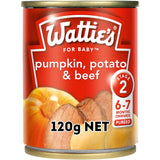 Watties Stage 2 Baby Food Pumpkin, Potato & Beef puree for babies 6-7 months, gluten-free, no preservatives, nutritious meal option.