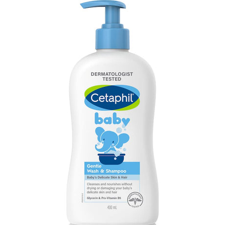 Cetaphil Baby Shampoo Gentle Wash in a bottle, featuring a tear-free, hypoallergenic formula for delicate skin care.