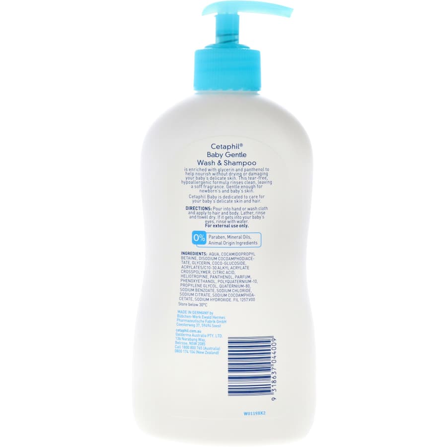 Cetaphil Baby Shampoo Gentle Wash in a bottle, designed for delicate skin, tear-free and hypoallergenic for safe cleansing.