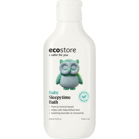 Ecostore Baby Bath Sleepytime bottle, featuring calming lavender and chamomile, promoting a peaceful bedtime routine for babies.