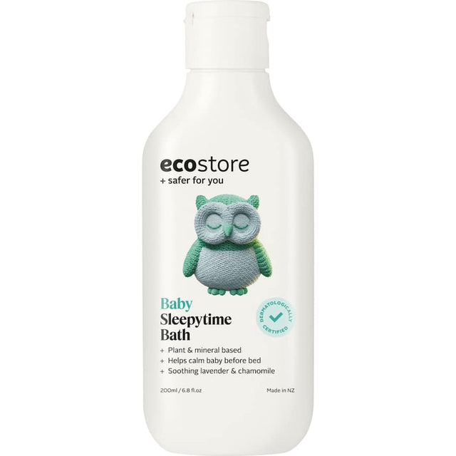 Ecostore Baby Bath Sleepytime bottle, featuring calming lavender and chamomile, promoting a peaceful bedtime routine for babies.