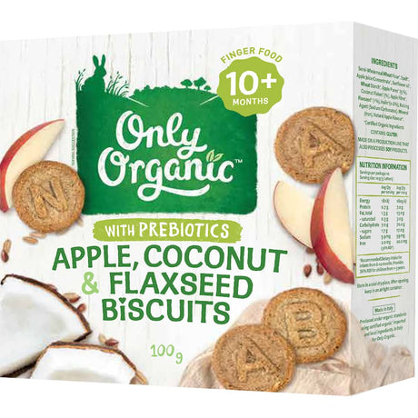 Organic apple coconut flaxseed biscuits for babies, promoting healthy snacking and coordination with delicious flavors.