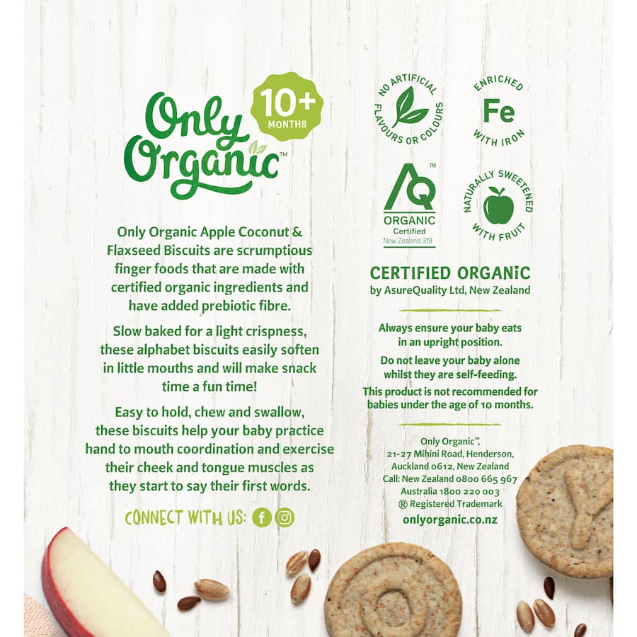 Organic apple coconut flaxseed biscuits for babies 10+ months, promoting healthy snacking and hand-to-mouth coordination.