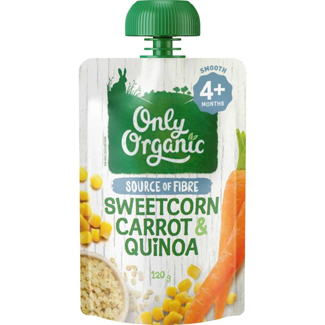 Smooth organic baby food puree with carrot, sweetcorn, and quinoa, ideal for babies 4 months and older.