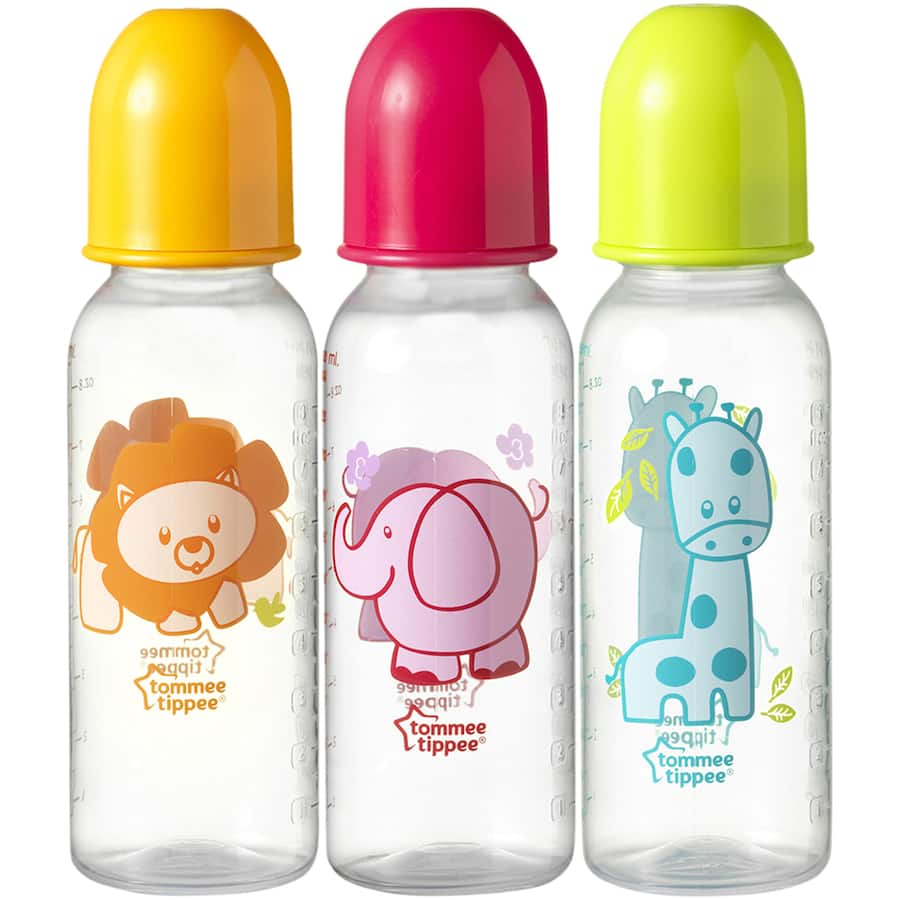 Tommee Tippee Baby Bottle Promo: 3-pack of 250ml BPA-free bottles with soft silicone teats and unisex design for easy feeding.