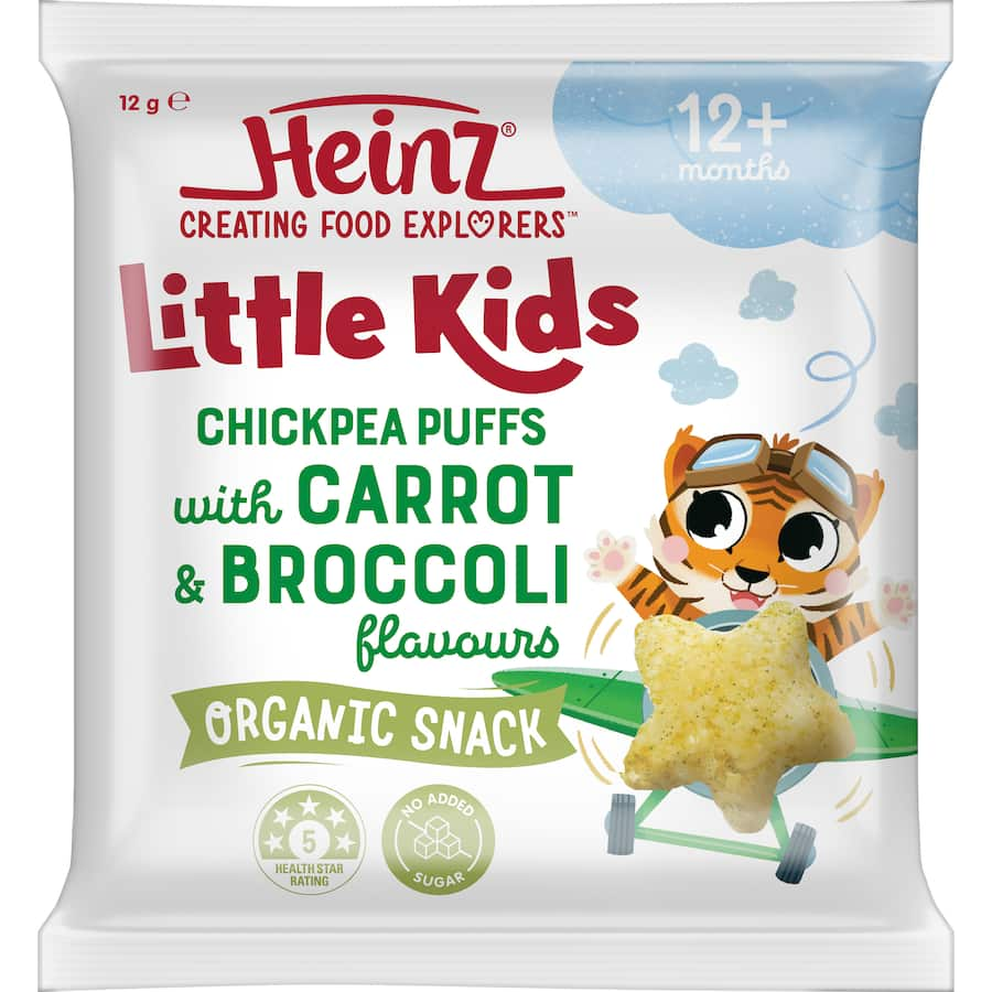 Chickpea puffs in carrot and broccoli flavors, perfect healthy snacks for toddlers, gluten-free and nutritious.