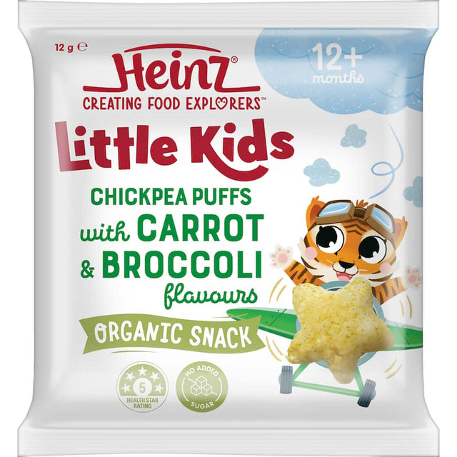 Chickpea puffs in carrot and broccoli flavors, perfect healthy snacks for toddlers, gluten-free and nutritious.