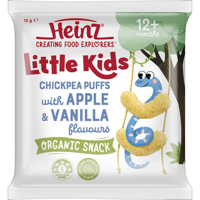 Heinz Chickpea Puffs in Apple and Vanilla flavors, a nutritious and crunchy snack ideal for toddlers.