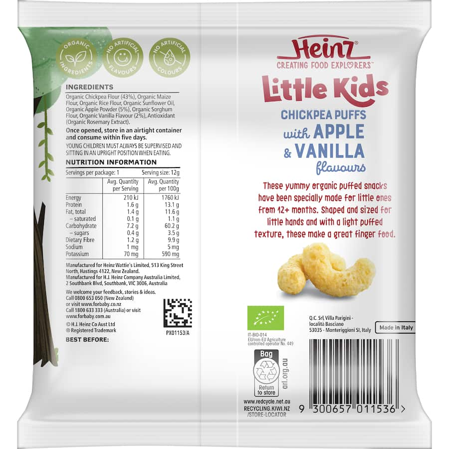 Heinz Chickpea Puffs in Apple and Vanilla flavors, a healthy, crunchy snack for toddlers, rich in protein and fiber.