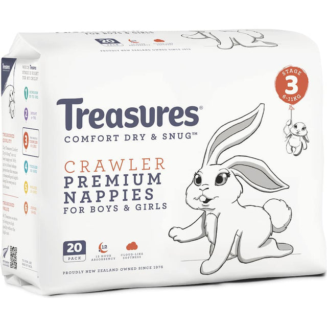 Treasures Comfort Crawler Nappies (6-11kg) with soft, leak-proof design, 12-hour absorption, and fun bunny print.