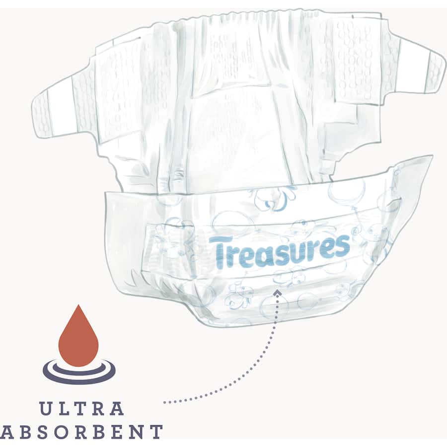 Treasures Comfort Nappies for Crawlers feature soft materials, 12-hour absorbency, and a fun bunny design for ultimate comfort.