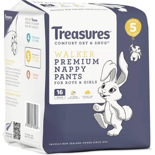Treasures Comfort Nappy Pants for toddlers 13-18kg, featuring absorbent layers and playful bunny design for ultimate comfort.