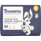 Treasures Comfort Nappy Pants for walkers, 13-18kg, featuring soft, absorbent layers and playful bunny design for all-day comfort.