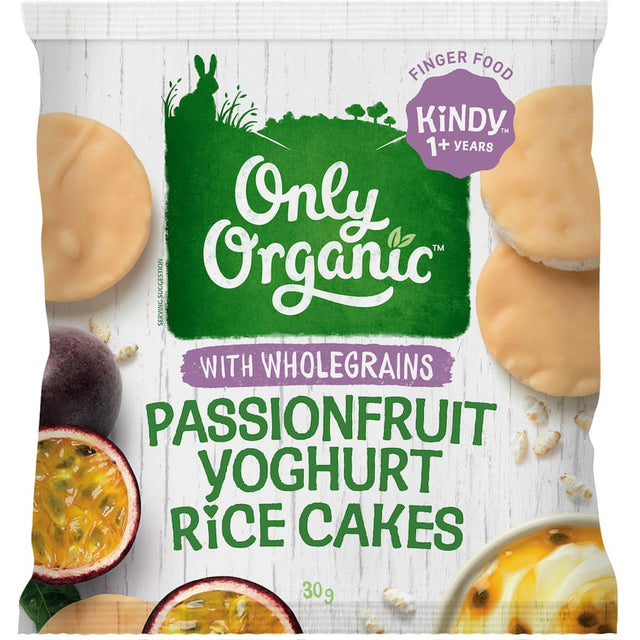 Only Organic Kindy Rice Cakes with Passionfruit Yoghurt, gluten-free, tasty snack for toddlers made from high-quality organic ingredients.