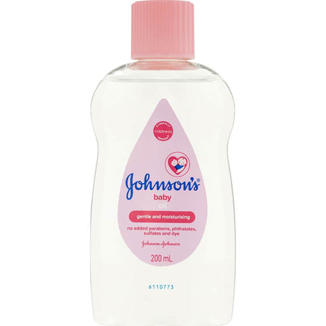 Johnson's Baby Oil bottle showcasing a gentle moisturizer for soft, hydrated skin for both babies and adults.