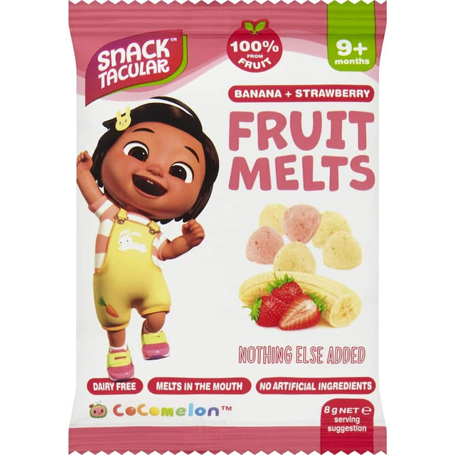 Snacktacular Fruit Melts featuring banana and strawberry offer a flavorful, low-calorie snack made with real fruit.