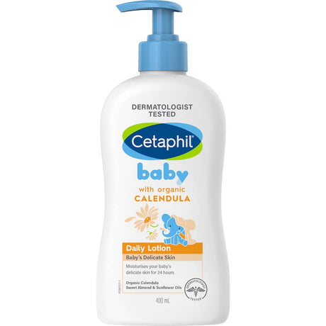 Cetaphil Baby Daily Lotion with Organic Calendula, a gentle lotion for soothing and hydrating sensitive baby skin.