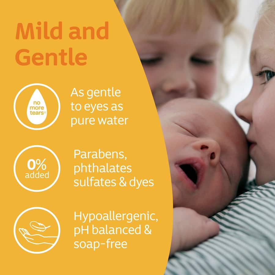 Gentle, hypoallergenic baby shampoo with No More Tears formula for soft, clean hair without irritation or stinging.