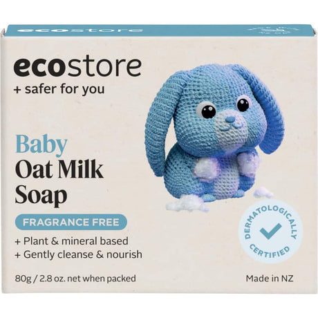 Ecostore Baby Soap Oat Milk: a gentle, vegan soap with nourishing oat milk for delicate baby skin, packed in eco-friendly packaging.