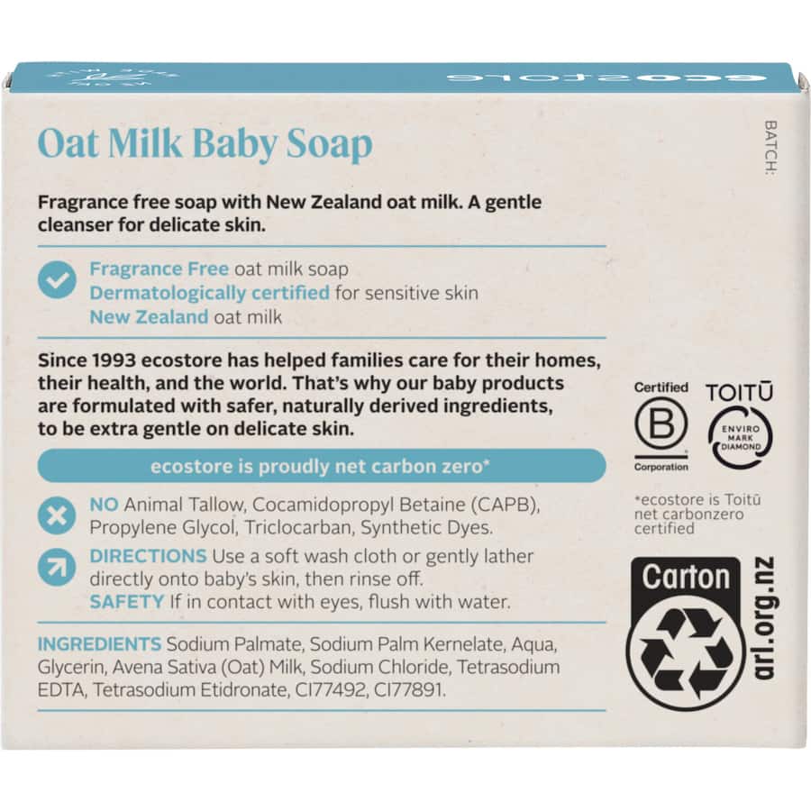 Gentle Ecostore Baby Soap Oat Milk in recyclable packaging, crafted for sensitive skin with creamy lather and vegan ingredients.