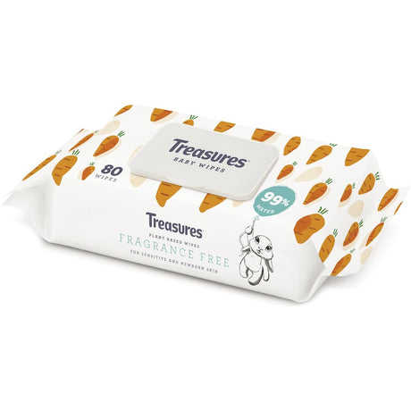 Treasures Baby Wipes Fragrance Free: gentle, hypoallergenic wipes made from 100% natural ingredients for sensitive skin.